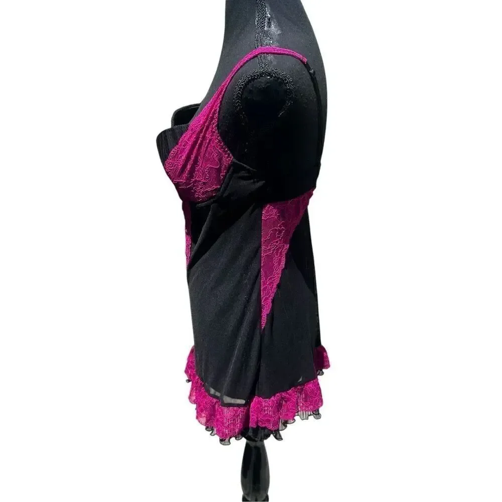 Fredericks of Hollywood Medium Hot Pink Black Lace Camisole dress lingerie
